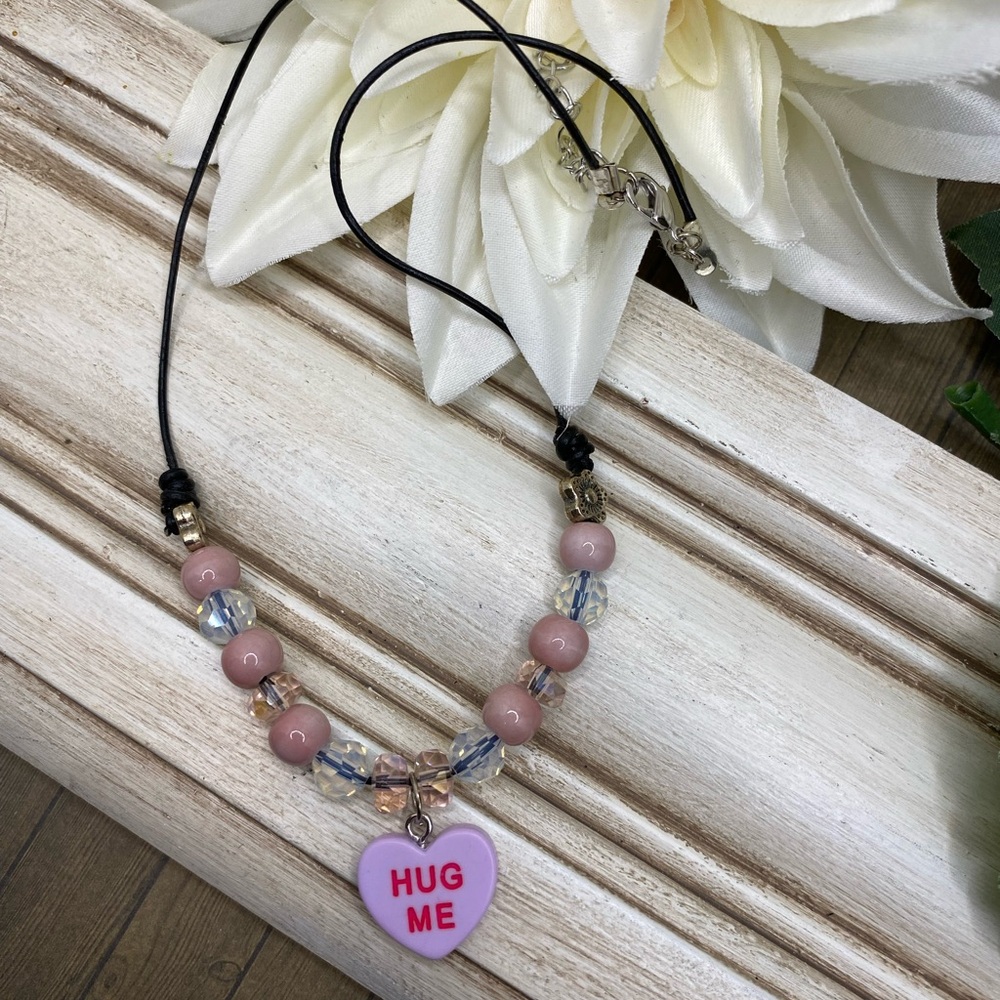 Lavender,Pink Candy Heart and Black Lea Beaded Necklace  'Hug Me' Pendant